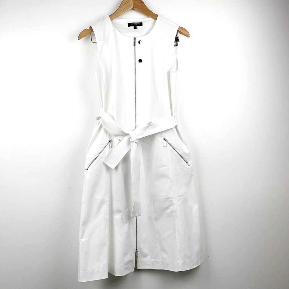 Lafayette 148 White ZipFront Belted Sleeveless Dress Size:16 Cotton Pockets